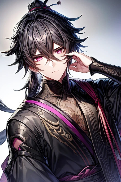 (masterpiece, best quality, perfect face, expressive eyes), 1boy, (anime), (male), black hair, pink eyes, intricate details, ponytail, black surcoaat, black kimono, black oni mask on head