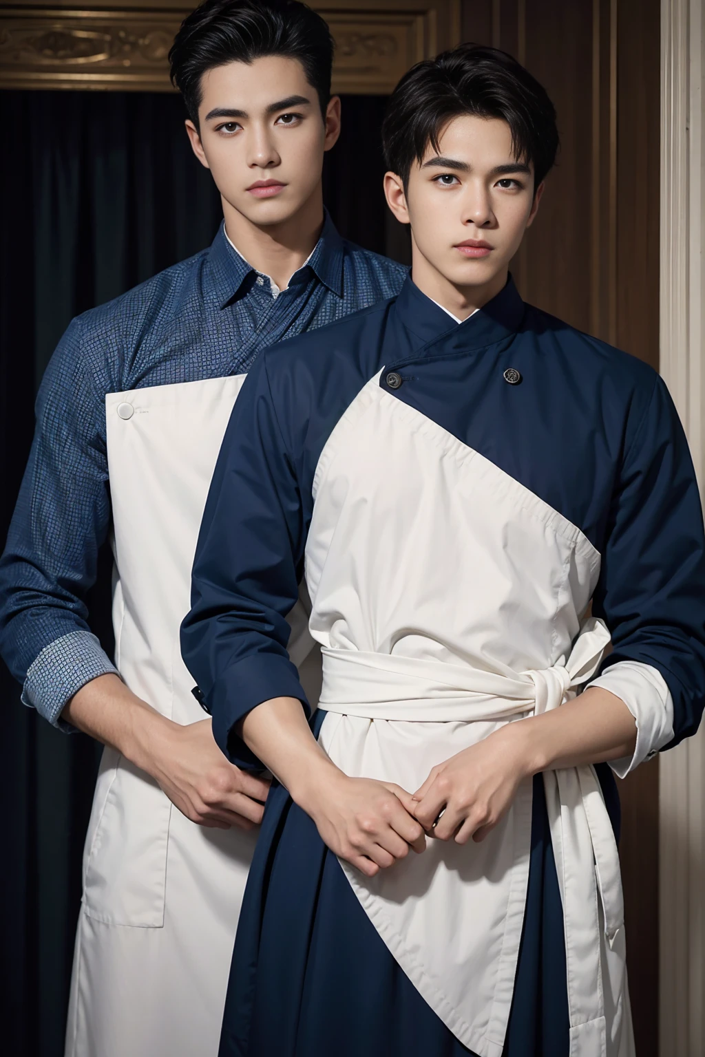 ((masterpiece)),((best quality)),8K,High Detail,Very detailed, Very manly，2 men, like，fashion pose, Real skin texture, Light,
Royal blue style couple