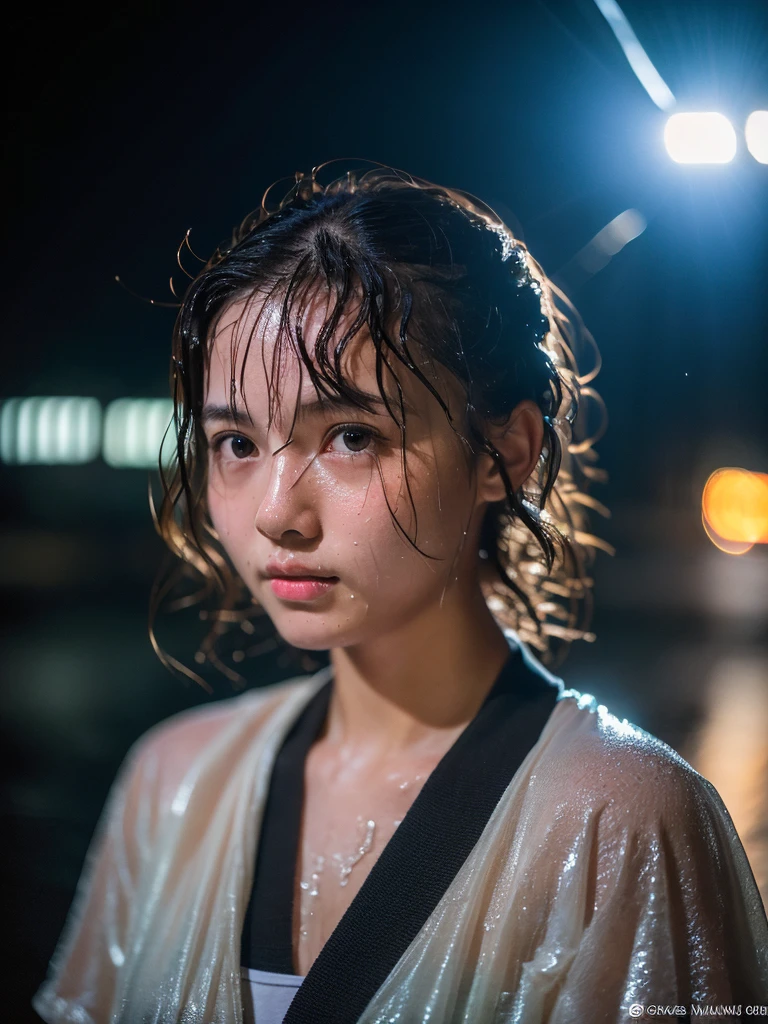 Wet roads ,drenched, Dripping, Wet Face,Wet clothes, Wet Skin, Wet Hair,A young woman with a cute face like a Japanese idol,chest,((Cinema lighting),(Natural light),(High level of artistry),(Artistic),(Quality indistinguishable from real life),RAW Photos,Genuine,Genuine,High resolution,RAW Photos,masterpiece, beautiful