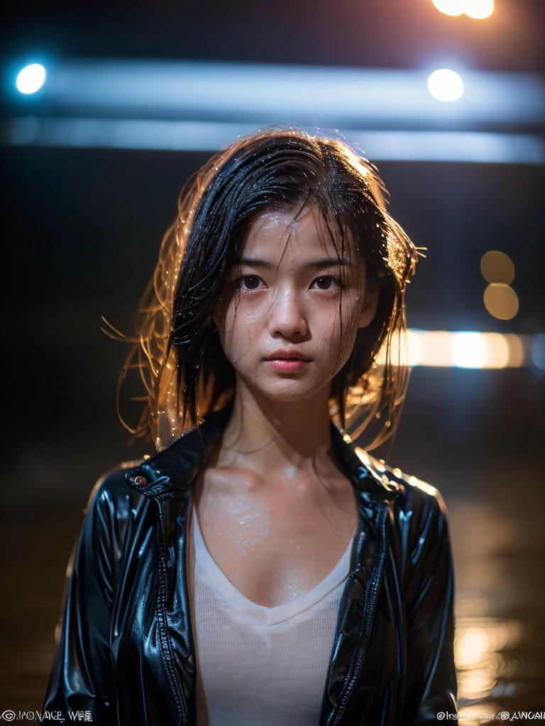 Wet roads ,drenched, Dripping, Wet Face,Wet clothes, Wet Skin, Wet Hair,A young woman with a cute face like a Japanese idol,chest,((Cinema lighting),(Natural light),(High level of artistry),(Artistic),(Quality indistinguishable from real life),RAW Photos,Genuine,Genuine,High resolution,RAW Photos,masterpiece, beautiful