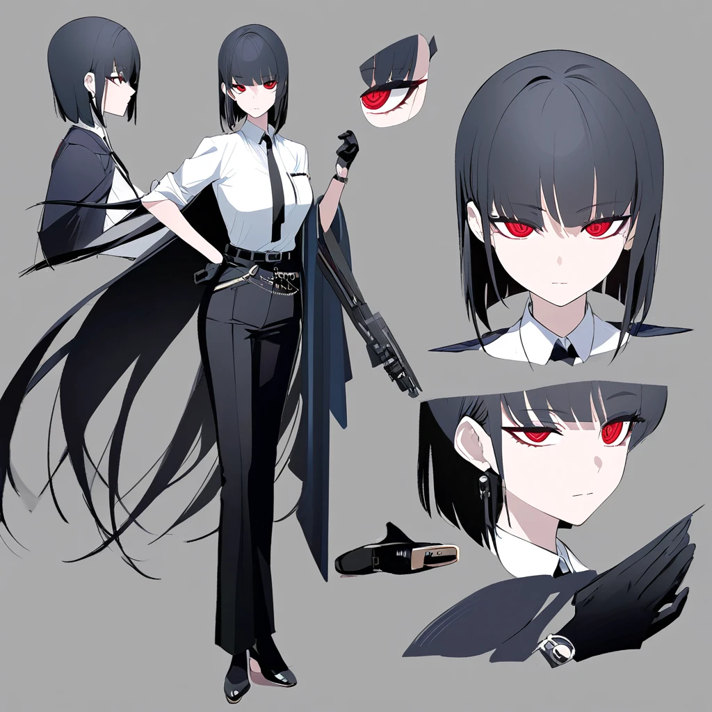 One woman,Dynamic,whole body,Are standing,mysterious,Concept Art,Character Design,Jet black straight hair,The bangs are trimmed to accentuate the eyes.,Well-proportioned face,Sharp Eyes,White shirt,Black tie,Black slacks,Silver cufflinks on the left hand,On the ring finger of her right hand she wears a simple silver ring.。Luxury watches,Black leather shoes,beltでウエストラインを強調,Arknights Wind,Stylish,Red eyes,belt,Stylish,Simple background gray,Details,Okabo Hair,Half-open eyes,Cool appearance,,Black gloves,Short Hair,Narrow eyes,Accentuated body lines,