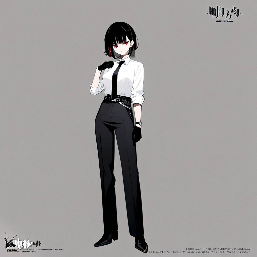 One woman,Dynamic,whole body,Are standing,mysterious,Concept Art,Character Design,Jet black straight hair,The bangs are trimmed to accentuate the eyes.,Well-proportioned face,Sharp Eyes,White shirt,Black tie,Black slacks,Silver cufflinks on the left hand,On the ring finger of her right hand she wears a simple silver ring.。Luxury watches,Black leather shoes,beltでウエストラインを強調,Arknights Wind,Stylish,Red eyes,belt,Stylish,Simple background gray,Details,Okabo Hair,Half-open eyes,Cool appearance,,Black gloves,Short Hair,Narrow eyes,Accentuated body lines,