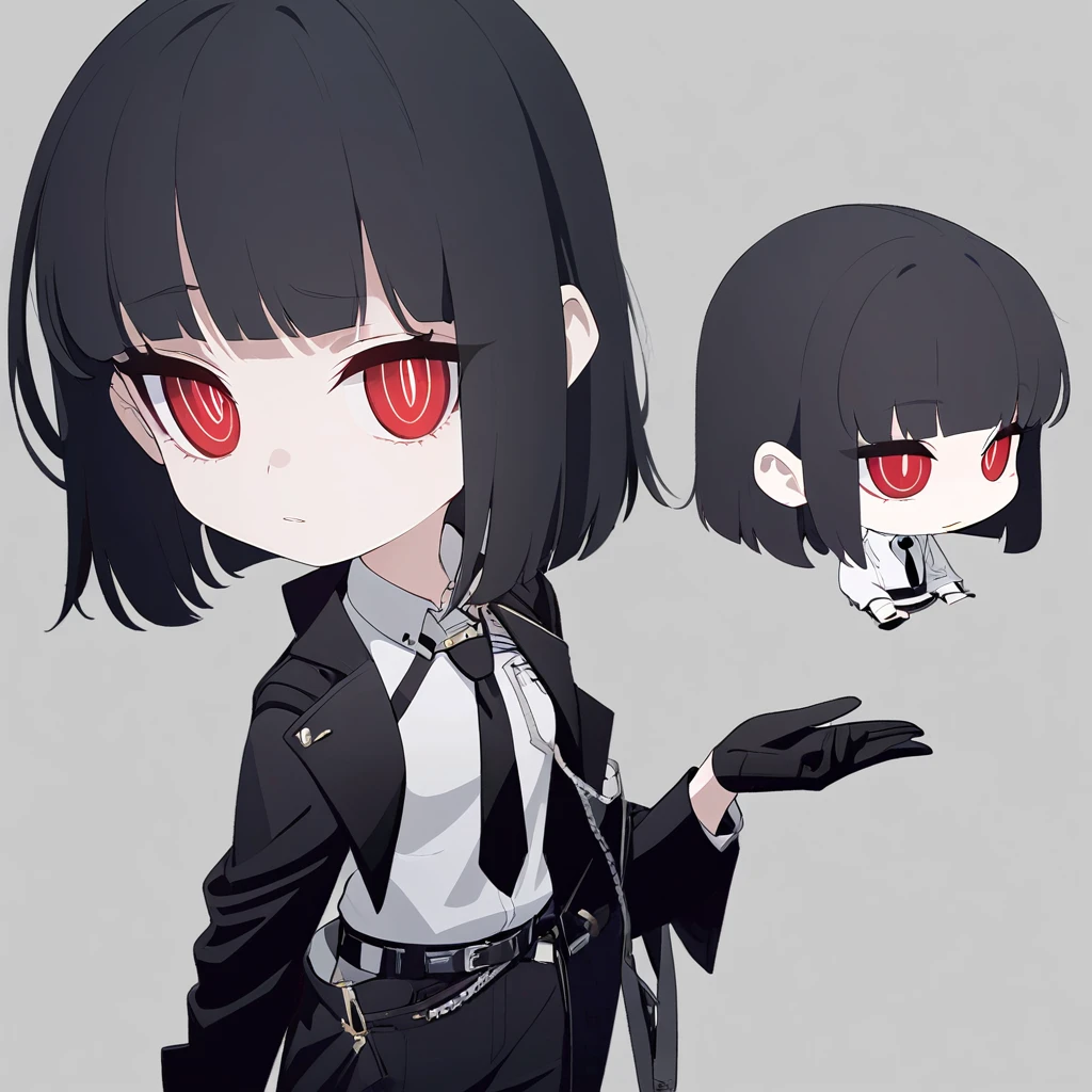 One woman,Dynamic,whole body,Are standing,mysterious,Concept Art,Character Design,Jet black straight hair,The bangs are trimmed to accentuate the eyes.,Well-proportioned face,Sharp Eyes,White shirt,Black tie,Black slacks,Silver cufflinks on the left hand,On the ring finger of her right hand she wears a simple silver ring.。Luxury watches,Black leather shoes,beltでウエストラインを強調,Arknights Wind,Stylish,Red eyes,belt,Stylish,Simple background gray,Details,Okabo Hair,Half-open eyes,Cool appearance,,Black gloves,Short Hair,Narrow eyes,Accentuated body lines,