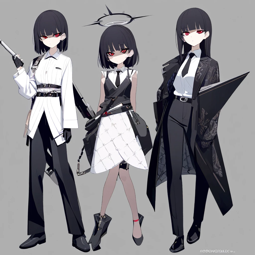 One woman,Dynamic,whole body,Are standing,mysterious,Concept Art,Character Design,Jet black straight hair,The bangs are trimmed to accentuate the eyes.,Well-proportioned face,Sharp Eyes,White shirt,Black tie,Black slacks,Silver cufflinks on the left hand,On the ring finger of her right hand she wears a simple silver ring.。Luxury watches,Black leather shoes,beltでウエストラインを強調,Arknights Wind,Stylish,Red eyes,belt,Stylish,Simple background gray,Details,Okabo Hair,Half-open eyes,Cool appearance,,Black gloves,Short Hair,Narrow eyes,Accentuated body lines,