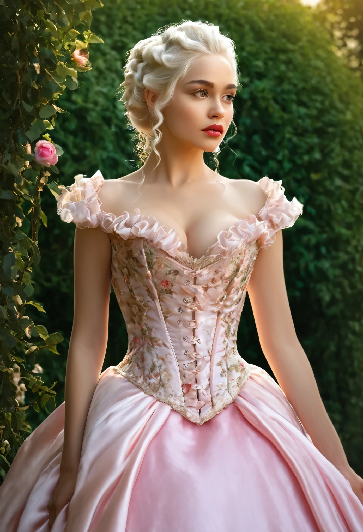 realistic, portrait, fantastic work of art, the action of which takes place in the summer in the Russian Empire in the rose garden and should consist of many delicate shades, warm light tones. Create a proud and gentle Daenerys Targaryen dressed in a stunning French silk ball gown. Expressive breasts. Elegant girlish face. The 19th century ball gown is decorated with ruffles, belts and bows, as well as an elegant but intricate bodice with hand embroidery. The corset is decorated with a silk ribbon. Portrait. 8K, realistic