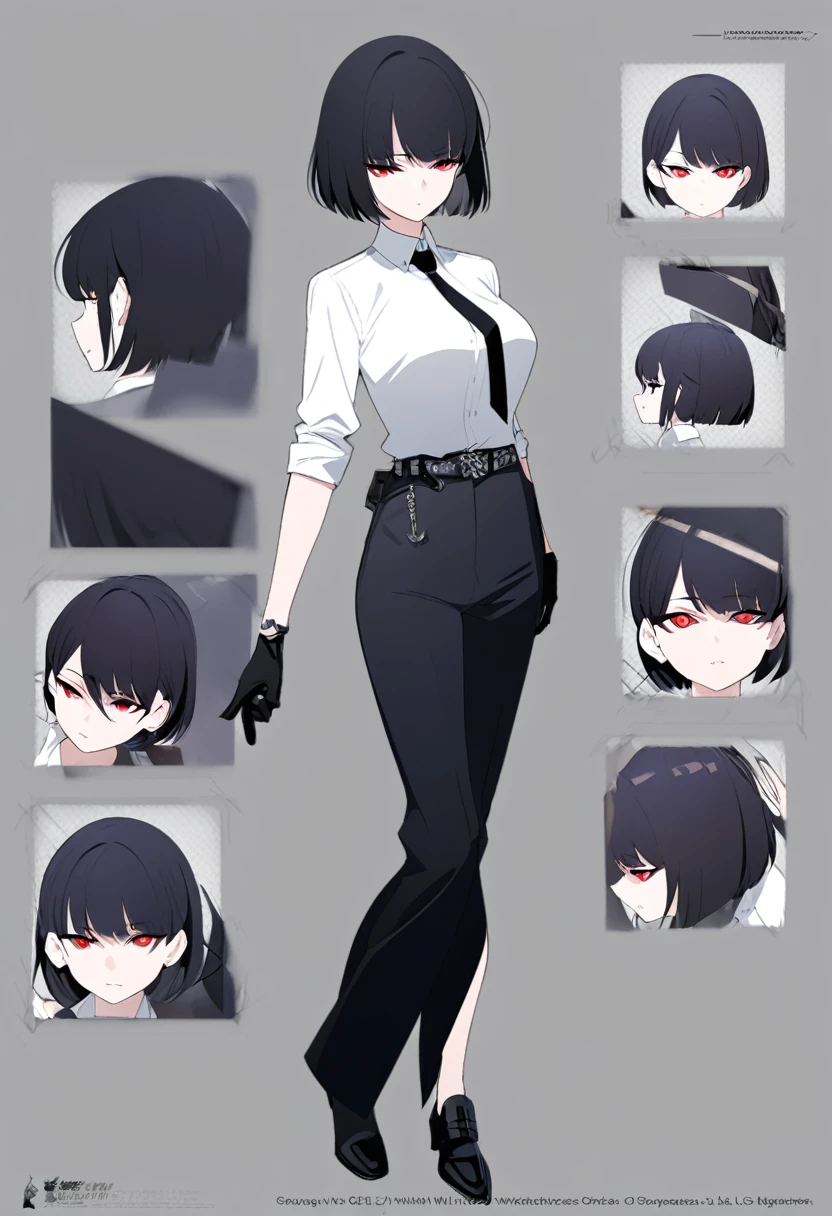 One woman,Dynamic,whole body,Are standing,mysterious,Concept Art,Character Design,Jet black straight hair,The bangs are trimmed to accentuate the eyes.,Well-proportioned face,Sharp Eyes,White shirt,Black tie,Black slacks,Silver cufflinks on the left hand,On the ring finger of her right hand she wears a simple silver ring.。Luxury watches,Black leather shoes,beltでウエストラインを強調,Arknights Wind,Stylish,Red eyes,belt,Stylish,Simple background gray,Details,Okabo Hair,Half-open eyes,Cool appearance,,Black gloves,Short Hair,Narrow eyes,Accentuated body lines,