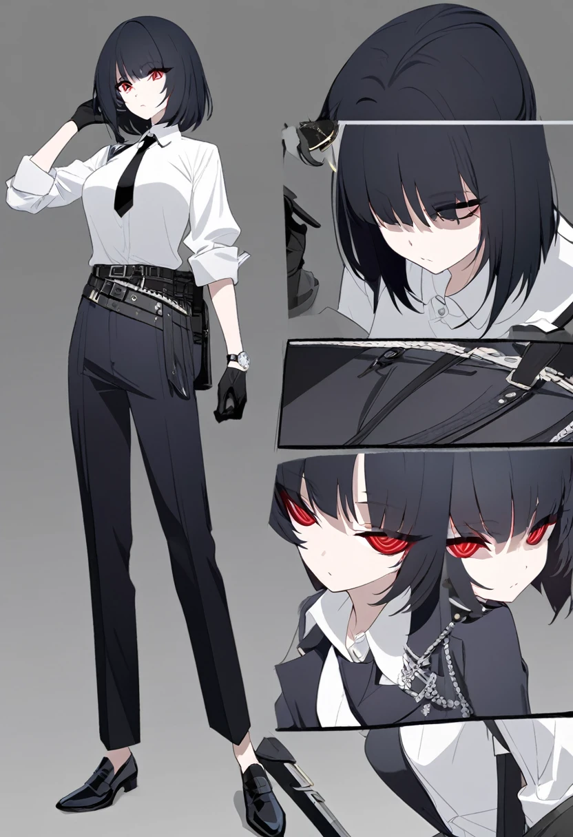 One woman,Dynamic,whole body,Are standing,mysterious,Concept Art,Character Design,Jet black straight hair,The bangs are trimmed to accentuate the eyes.,Well-proportioned face,Sharp Eyes,White shirt,Black tie,Black slacks,Silver cufflinks on the left hand,On the ring finger of her right hand she wears a simple silver ring.。Luxury watches,Black leather shoes,beltでウエストラインを強調,Arknights Wind,Stylish,Red eyes,belt,Stylish,Simple background gray,Details,Okabo Hair,Half-open eyes,Cool appearance,,Black gloves,Short Hair,Narrow eyes,Accentuated body lines,