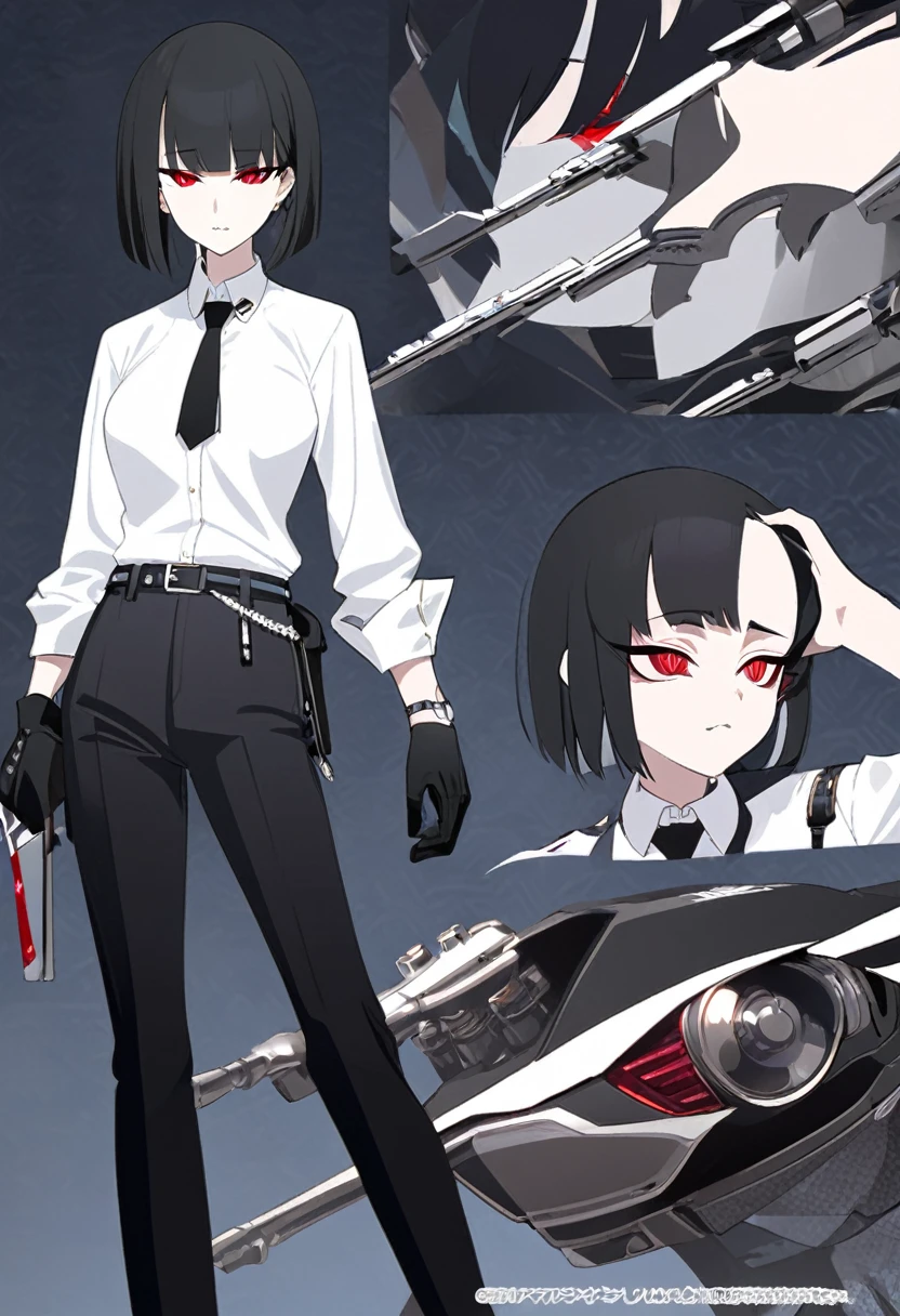 One woman,Dynamic,whole body,Are standing,mysterious,Concept Art,Character Design,Jet black straight hair,The bangs are trimmed to accentuate the eyes.,Well-proportioned face,Sharp Eyes,White shirt,Black tie,Black slacks,Silver cufflinks on the left hand,On the ring finger of her right hand she wears a simple silver ring.。Luxury watches,Black leather shoes,beltでウエストラインを強調,Arknights Wind,Stylish,Red eyes,belt,Stylish,Simple background gray,Details,Okabo Hair,Half-open eyes,Cool appearance,,Black gloves,Short Hair,Narrow eyes,Accentuated body lines,
