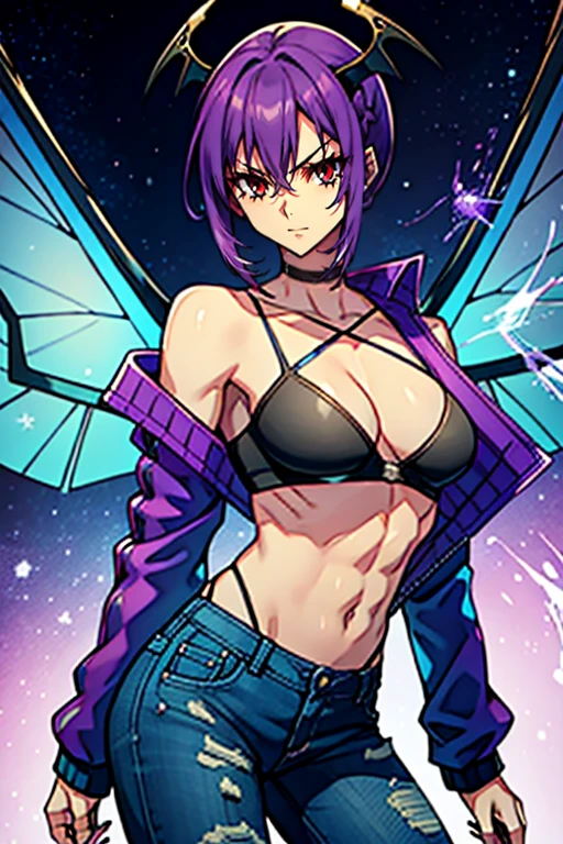 Beelzebub muscular woman with shoulder-length purple and blue punk hair with fly wings with four arms, two at normal height and two below the ribs and with a glass belly full of blue and purple plasma and wearing black jeans boots purples a white top and a blue denim jacket
