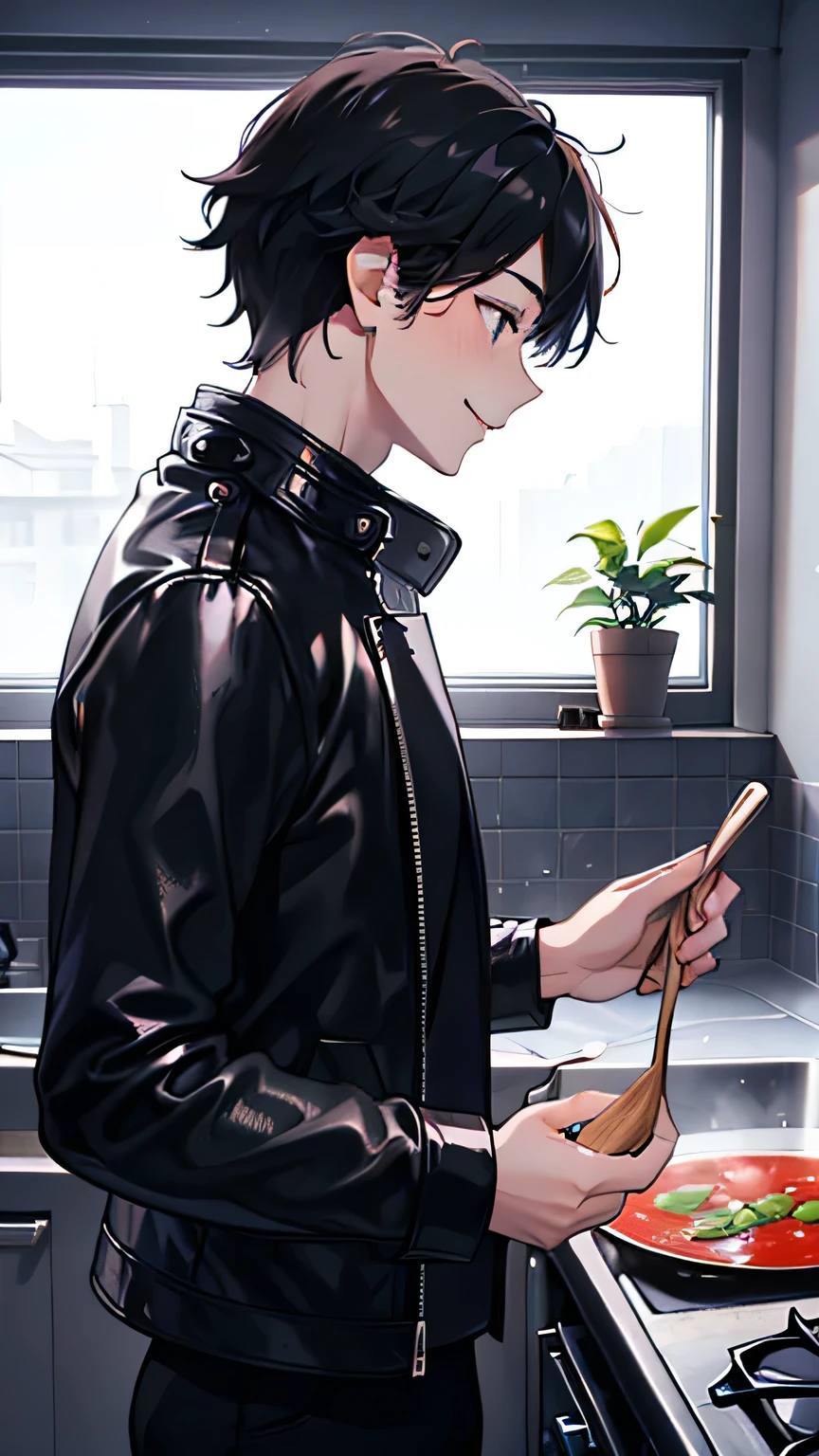 Highest quality、High resolution、Young man making soup in the kitchen、smile、profile、Wearing a black leather jacket、Black Hair、1 male