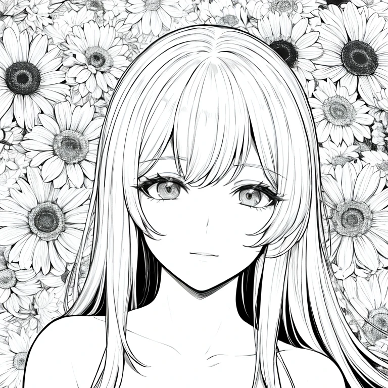 best quality, high resolution, detailed background, high contrast, 1 girl, close-up of the head, floral background, clean line drawings, vibrant colors