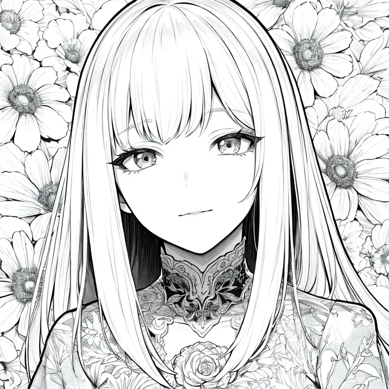 best quality, high resolution, detailed background, high contrast, 1 girl, close-up of the head, floral background, clean line drawings, vibrant colors