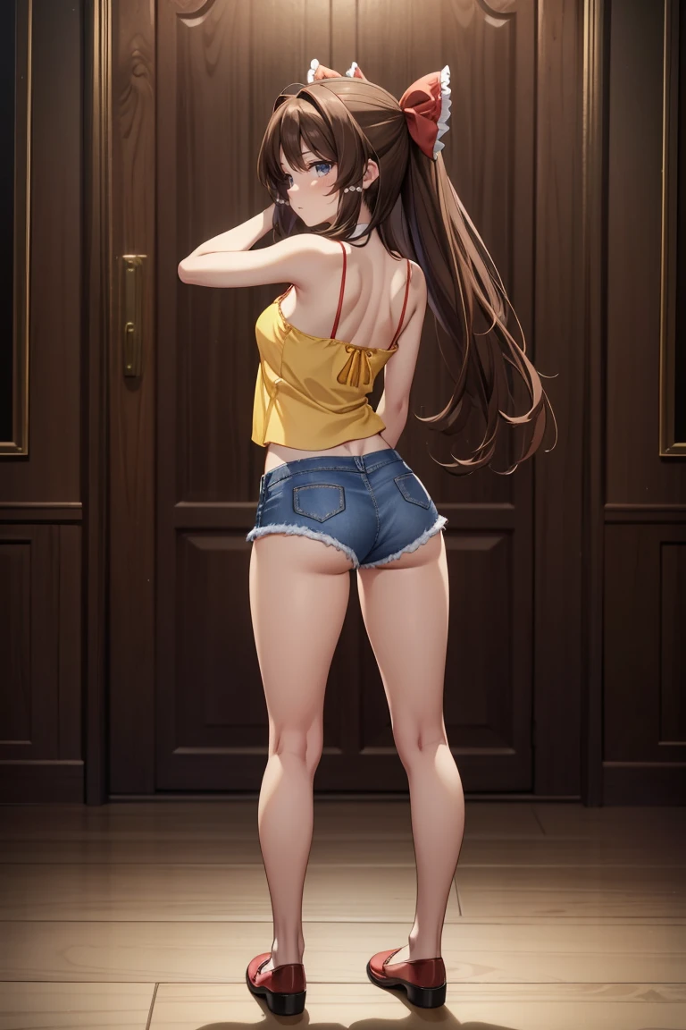 Reimu Hakurei, (Brown eyes:1.5), Brown Hair, bow, hair bow, Hair Tube, Long Hair, red bow, Side Lock,Western-style room, (((Slender body、Yellow Camisole BREAK Denim Shorts)))、Backwards、look back、Butt sticking out pose、Forward bending pose、
BREAK Watch Viewers,blush、Sad-looking face、
Full Body Shot,Smile Break (masterpiece:1.2), Highest quality, High resolution, unity 8k wallpaper, (figure:0.8), (Beautiful attention to detail), Highly detailed face, Perfect lighting, Highly detailed CG, (Perfect hands, Perfect Anatomy),Dynamic pose,