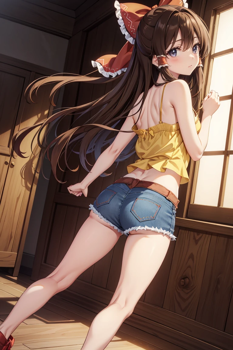 Reimu Hakurei, (Brown eyes:1.5), Brown Hair, bow, hair bow, Hair Tube, Long Hair, red bow, Side Lock,Western-style room, (((Slender body、Yellow Camisole BREAK Denim Shorts)))、Backwards、look back、Butt sticking out pose、Forward bending pose、
BREAK Watch Viewers,blush、Sad-looking face、
Full Body Shot,Smile Break (masterpiece:1.2), Highest quality, High resolution, unity 8k wallpaper, (figure:0.8), (Beautiful attention to detail), Highly detailed face, Perfect lighting, Highly detailed CG, (Perfect hands, Perfect Anatomy),Dynamic pose,