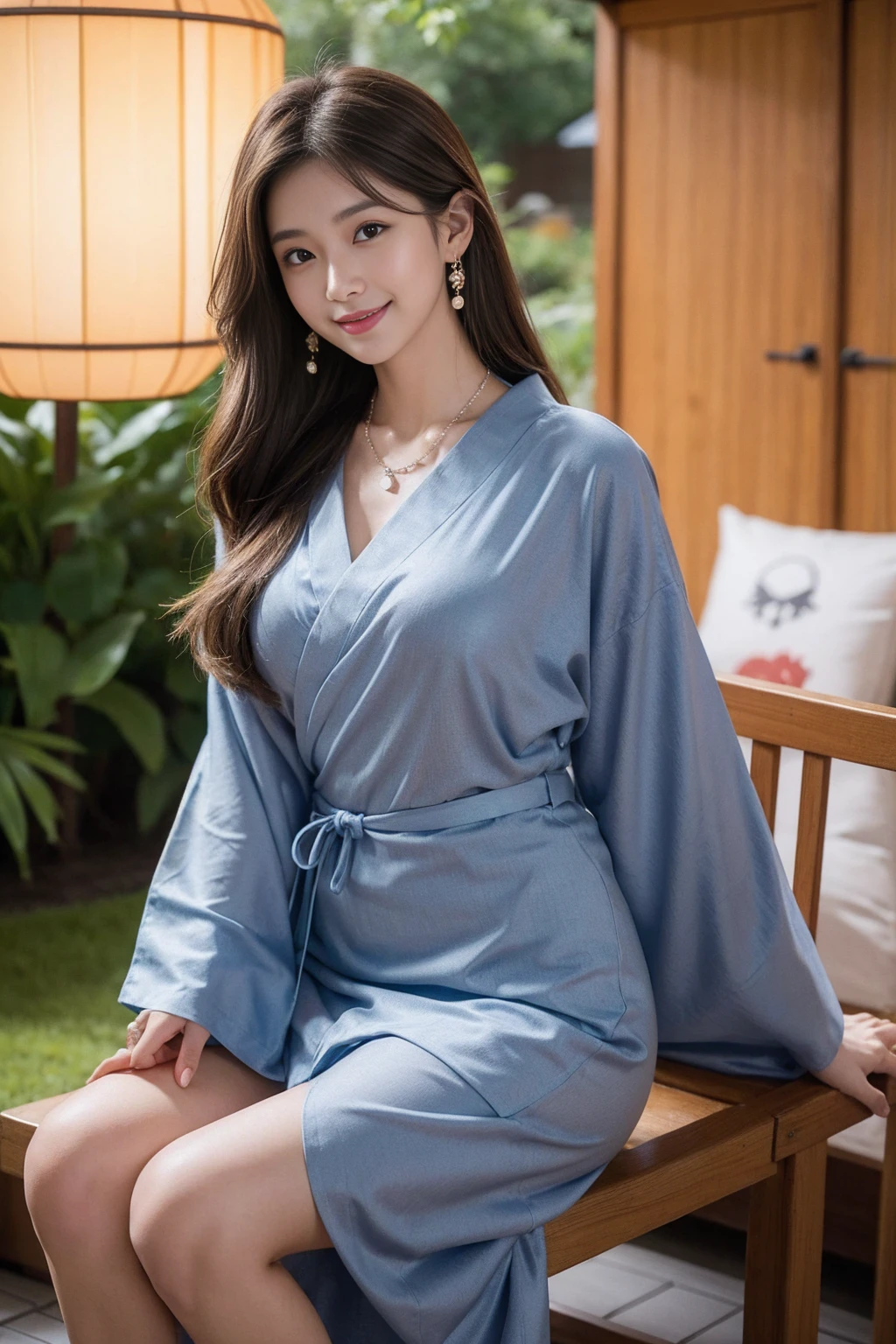 Highest quality,8K, Detailed facial depiction, Detailed description of the eyes,One Woman, Light brown hair(Medium-long hair),Beautiful Japanese Girl,24-years-old,Cute eyes,Cute Smile,Yukata beauty,Light blue gingham check yukata,Slender body, Large, plump breast size, Long and beautiful legs,Smiling, Colorful earrings,necklace,Are standing,Beautiful nape,Japan tatami room,Sitting upright
