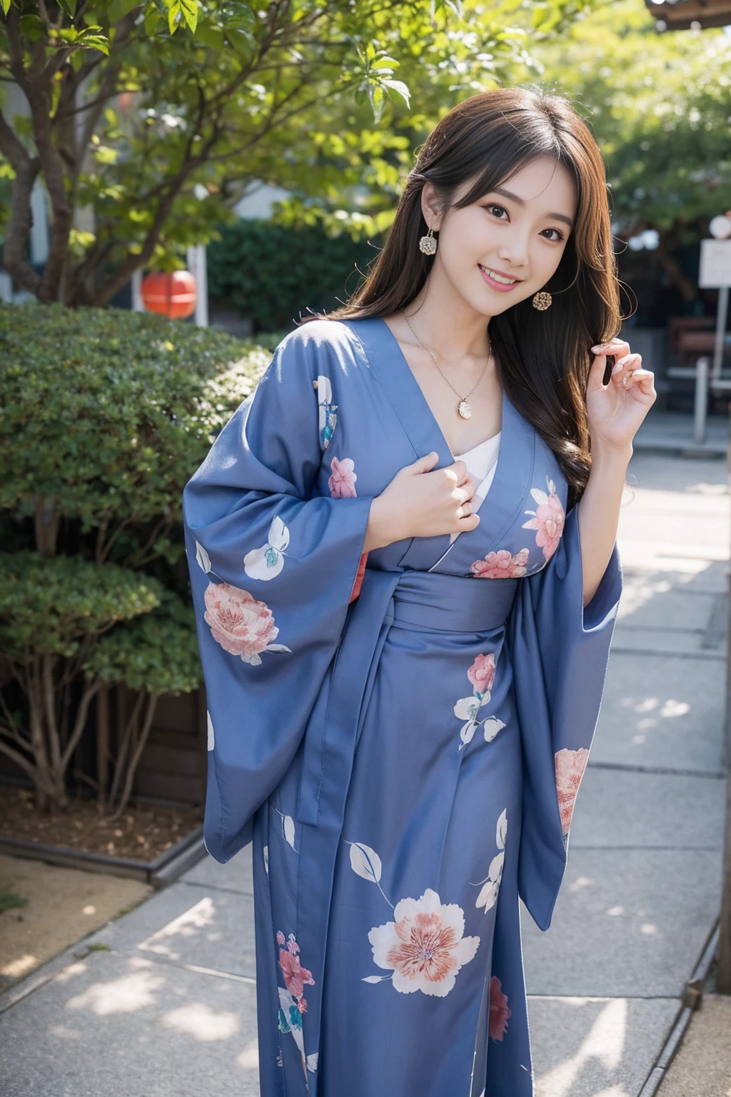 Highest quality,8K, Detailed facial depiction, Detailed description of the eyes,One Woman, Light brown hair(Medium-long hair),Beautiful Japanese Girl,24-years-old,Cute eyes,Cute Smile,Yukata beauty,Navy blue checkered yukata,Slender body, Large, plump breast size, Long and beautiful legs,Smiling, Colorful earrings,necklace,Are standing,Beautiful nape,Japanese Summer Festivals,There are food stalls,Cute pose