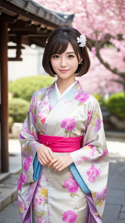 Highest quality、8k wallpaper、Reality:1.4、Photographed by a professional photographer、Photographed in natural light、View your viewers、background:Kyoto street corner、1 beautiful girl、Japanese Idol、30 years old、Beautifully detailed eyes、Detailed face、Beautiful Skin、Slender、Slim waist、Thin legs、Lip balm、Blonde: 1.8、Bobcut、Asymmetrical bangs、Hair decorated with elegant and delicate hairpins、Kimono with vibrant traditional patterns:1.2 、smile:1.5