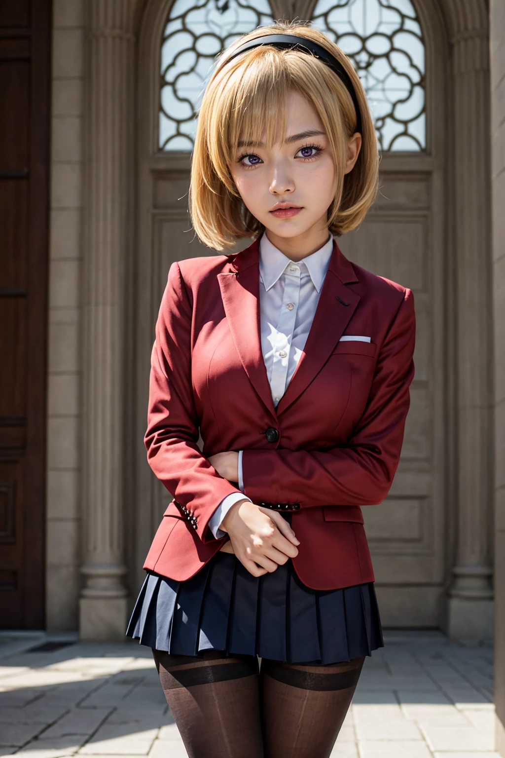 1 lady, photorrealistic, full body photography, athletic, blonde hair, extremely detailed full 8k cg, school uniform, amazingly beautiful girl, gray cut suit jacket, Satoko, standing, mid-short hair, wide hips, Volumetric lighting, best quality, masterpiece, highly detailed, tonemapping, sharp focus, hyper detailed, realistic, professional photography, joy face, frontal photo, detailed background, centered photo, purple eyes, black stockings, red suit, headband, perfectly drawn hands, outside huge cathedral (background), detailed background, 