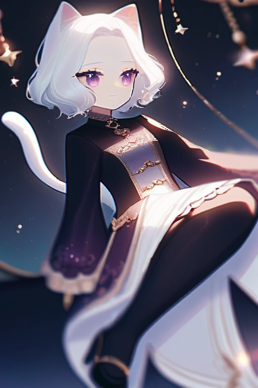 ((Лучшее качество)), ((шедевр)), (подробный), 1girl, cat ears, two big tails, white hair, purple