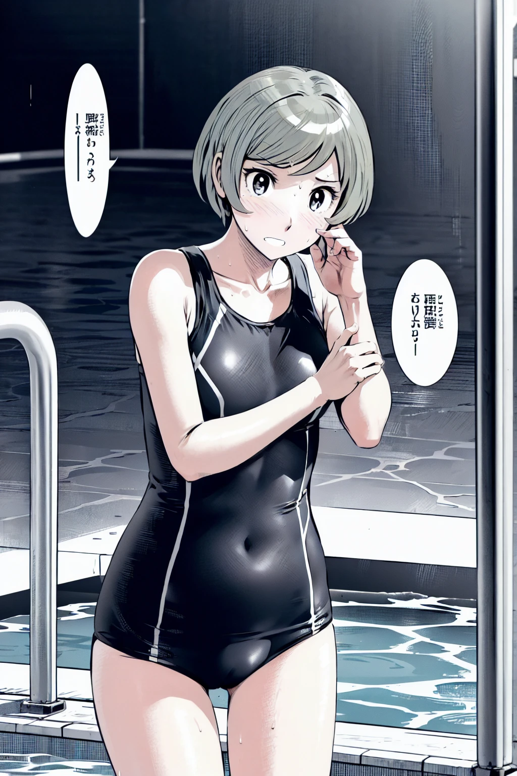Blue school swimsuit、(masterpiece、Highest quality)、Highest quality, Ultra-high resolution, (((masterpiece))), alone, Sweat、Big eyes, Composition from the front、Shortcuts、Embarrassed face、Blonde、Cut your hair short、School swimming pool、short hair、Pussy Line、Browsing Caution、Butt