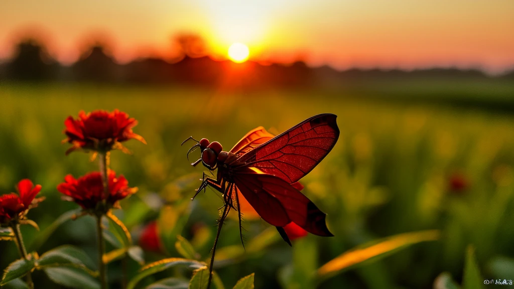 (Highest quality,4K,8K,High resolution,masterpiece:1.2),Super detailed,(Realistic,photoRealistic,photo-Realistic:1.37),close-up of a with sunset as the background,fantasy pasture,Inspired by Phil Koch,Sunset,草原の素晴らしいSunset、Beautiful background,breathtaking photos,Early Autumn Dusk,Beautiful Nature、Red dragonfly