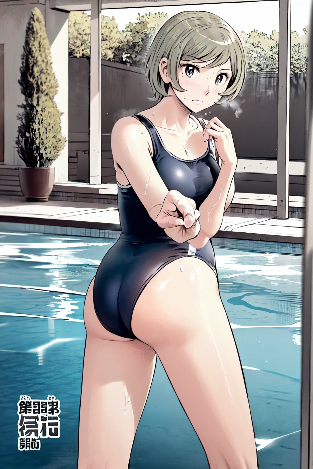 Blue school swimsuit、(masterpiece、Highest quality)、Highest quality, Ultra-high resolution, (((masterpiece))), alone, Sweat、Big eyes, Composition from the front、Shortcuts、Embarrassed face、Blonde、Cut your hair short、School swimming pool、short hair、Pussy Line、Browsing Caution、Butt