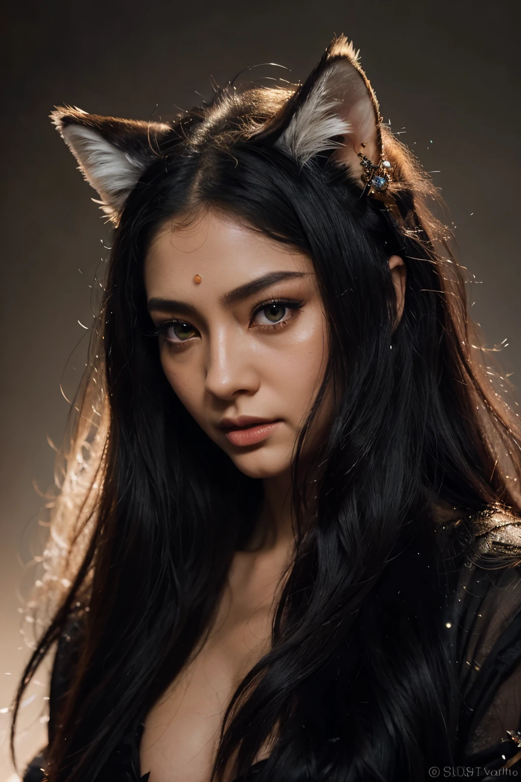 black background, Kitsune with fascinating details, Its fiery fur seemed to flicker and dance with the light from within.. These hyper-realistic portraits capture every intricate detail.: From the sparkling white and crimson fur to the piercing emerald eyes that sparkled with intelligence.. The picture is a digital painting., Expertly crafted with depth and texture that makes kitsune almost seem tangible.. Each hair and feather has been meticulously reproduced., Makes the viewer feel the supernatural aura of the creature.. This image is a testament to the artist&#39;s skill and dedication in bringing the legendary creature to life.