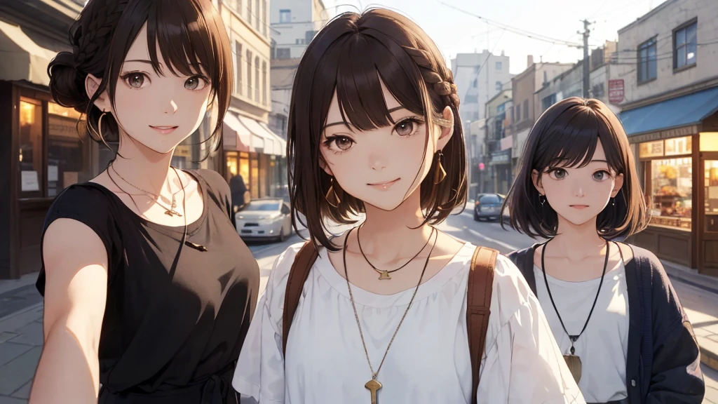 The background is the city、Skyscraper、Night view(Highest quality、masterpiece、High resolution)、(Sargent-style watercolor)、(Anime Art)、、((Right beside、Woman profile、))、(Detailed depiction of a beautiful face）、Suit jacket、Long sleeve tops、A kind smile、Medium Short Hair、Dark Brown Hair、Braiding、、
information(Highest quality:1.2)、Very detailed、High resolution、masterpiece:1,2、Bright colors、Bokeh、Professional Lighting、Physically Based Rendering、Flat Color:0.8、Fine Illustration、Realistic:1.37、Makoto Shinkai style、Name Style、Light Brown Hair、Elegant update、Short Bob、Three young women in casual clothes、Laugh together、Dynamic poselip、cheek(Dark Brown Hair/)bangs、cheek(direction)、(最高masterpiece1.2)繊細なイラストVery detailed、Break Blue Sky、Detailed Background、20-year-old female、、A shy smile、Through clenched teeth、Clench your teeth、lip、cheek(Flat Color: 0.8)、(masterpiece: 1,2)、(masterpiece: 1,2)、High resolution、超High resolution、Highest quality、High resolution、Ultra-thin illustration、Makoto Shinkai style、Your Name is Style、long hair、Short Bob、necklace、Earrings、Dynamic pose、Selfie、whole body、Brown Hair、Braiding、Hair Bun、ponytail･Hair Bunスタイル、necklace、Valletta、ribbon、Earrings・アニキュア,。
