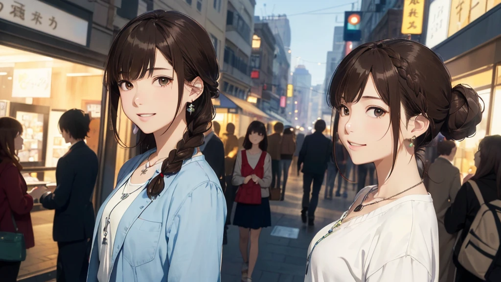 The background is the city、Skyscraper、Night view(Highest quality、masterpiece、High resolution)、(Sargent-style watercolor)、(Anime Art)、、((Right beside、Woman profile、))、(Detailed depiction of a beautiful face)、Suit jacket、Long sleeve tops、A kind smile、Medium Short Hair、Dark Brown Hair、Braiding、、
information(Highest quality:1.2)、Very detailed、High resolution、masterpiece:1,2、Bright colors、Bokeh、Professional Lighting、Physically Based Rendering、Flat Color:0.8、Fine Illustration、Realistic:1.37、Makoto Shinkai style、Name Style、Light Brown Hair、Elegant update、Short Bob、Three young women in casual clothes、Laugh together、Dynamic poselip、cheek(Dark Brown Hair/)bangs、cheek(direction)、(最高masterpiece1.2)繊細なイラストVery detailed、Break Blue Sky、Detailed Background、20-year-old female、、A shy smile、Through clenched teeth、Clench your teeth、lip、cheek(Flat Color: 0.8)、(masterpiece: 1,2)、(masterpiece: 1,2)、High resolution、超High resolution、Highest quality、High resolution、Ultra-thin illustration、Makoto Shinkai style、Your Name is Style、long hair、Short Bob、necklace、Earrings、Dynamic pose、Selfie、whole body、Brown Hair、Braiding、Hair Bun、ponytail・Hair Bunスタイル、necklace、Valletta、ribbon、Earrings・アニキュア,。