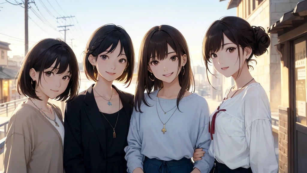 The background is the city、Skyscraper、Night view(Highest quality、masterpiece、High resolution)、(Sargent-style watercolor)、(Anime Art)、、((Right beside、Woman profile、))、(Detailed depiction of a beautiful face)、Suit jacket、Long sleeve tops、A kind smile、Medium Short Hair、Dark Brown Hair、Braiding、、
information(Highest quality:1.2)、Very detailed、High resolution、masterpiece:1,2、Bright colors、Bokeh、Professional Lighting、Physically Based Rendering、Flat Color:0.8、Fine Illustration、Realistic:1.37、Makoto Shinkai style、Name Style、Light Brown Hair、Elegant update、Short Bob、Three young women in casual clothes、Laugh together、Dynamic poselip、cheek(Dark Brown Hair/)bangs、cheek(direction)、(最高masterpiece1.2)繊細なイラストVery detailed、Break Blue Sky、Detailed Background、20-year-old female、、A shy smile、Through clenched teeth、Clench your teeth、lip、cheek(Flat Color: 0.8)、(masterpiece: 1,2)、(masterpiece: 1,2)、High resolution、超High resolution、Highest quality、High resolution、Ultra-thin illustration、Makoto Shinkai style、Your Name is Style、long hair、Short Bob、necklace、Earrings、Dynamic pose、Selfie、whole body、Brown Hair、Braiding、Hair Bun、ponytail・Hair Bunスタイル、necklace、Valletta、ribbon、Earrings・アニキュア,。