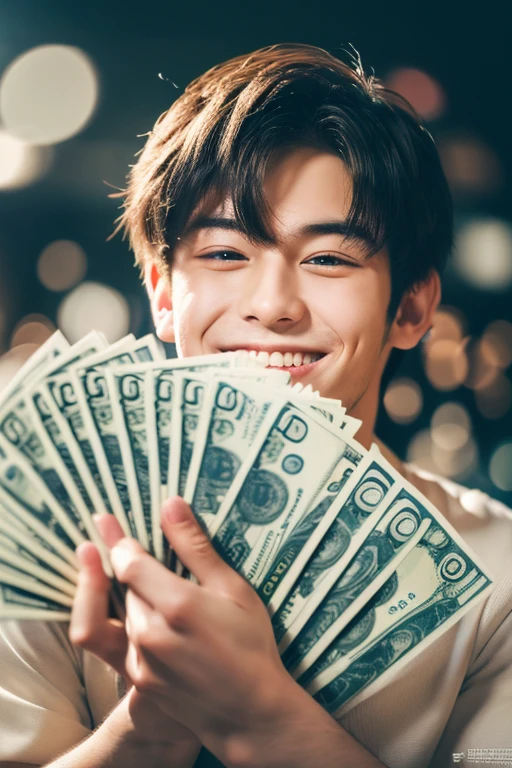 (8k, RAW photo, best quality, masterpiece:1.2), (realistic, photo-realistic:1.4), (extremely detailed 8k wallpaper),bishounen,1 man, 20yo,smile,japanese,surrounded by a flurry of dollar bills,holding japanese money
