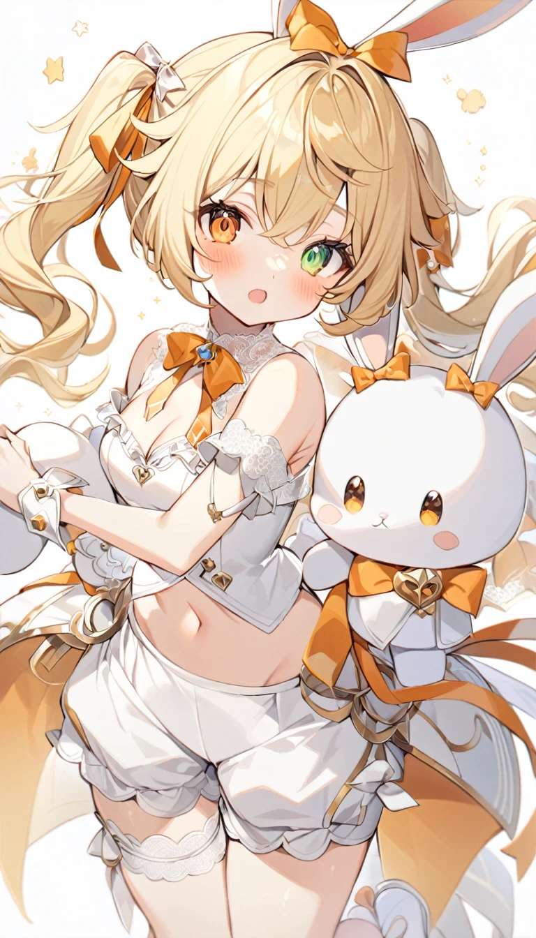 1girl, animal ears, bangs, bare shoulders, blonde hair, blush, bow, breasts, white cleavage, cropped torso, , green eyes, hair ribbon, heterochromia, holding, holding stuffed toy, looking at viewer, open mouth, orange bow, orange eyes, orange ribbon, rabbit ears, ribbon, solo, stuffed animal, stuffed bunny, stuffed toy, twintails, upper body, full-length, white legbands, white shoes with lace and white bows, white background, wrist cuffs, yellow eyes, bloomers, close-up, fair skin frills, lace, midriff, skirt, solo, , white background,shorts, white top with ribbon and lace and trousers,trousers, genshin,white slippers with a bow,All clothes are white, laceAt full height, it stands