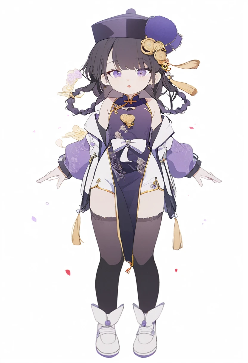 1 woman, traditional chinese dress, purple and black hat, Purple and black cheongsam, White shorts, Black side braided hair, purple sleeves, black stockings, white shoes, yellow paper amulet,