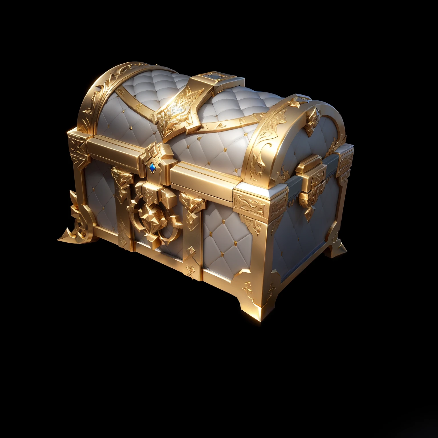 White leather treasure chest with gold metal trim and rubies,Loot Boxes, Treasure,Metallic luster,Game assets, Treasure artifact, 3d icons for mobile games,Diablo concept style,