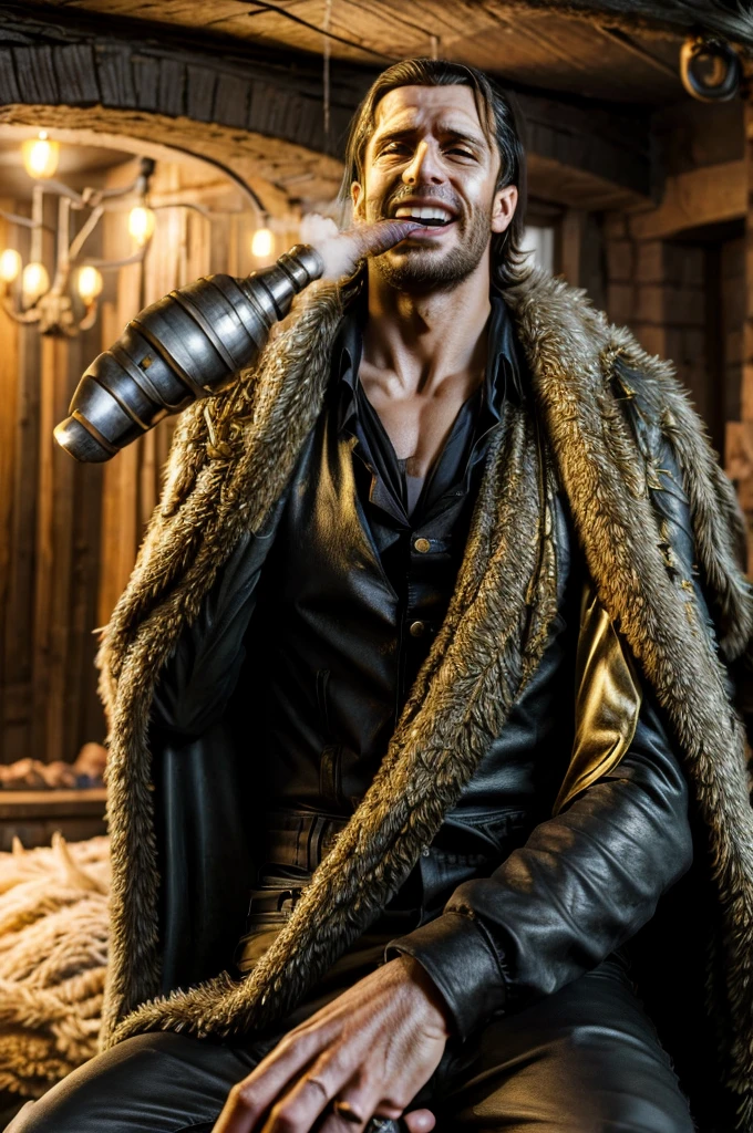 masterpiece, best quality, extremely detailed, hyperrealistic, photorealistic, a cool 40s man, ultra detailed face:1.3, fur-trimmed coat, scarf around the neck, his left hand is a golden pirate hook, smoking, cigar, laughing, detailed underground basement, sitting, dynamic posing:1.1