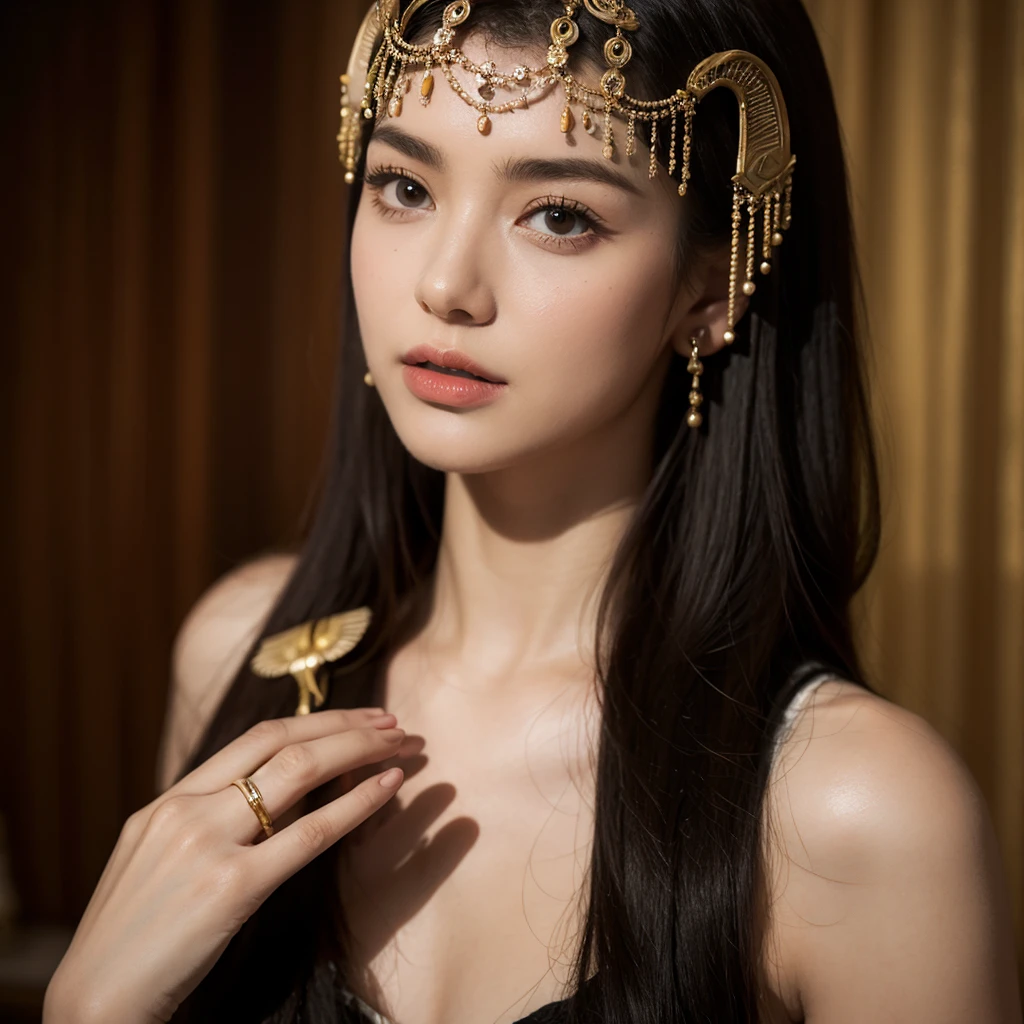 Cleopatra&#39;s natural skin photos, Short Thick Black Hair, Blue eyeshadow creates sharp eyes, Thin and upturned nose, Lip Plumpness, Hourglass figure, Typical clothes, and cosmetics, Intricate details, Energetic, epic, Smooth, Movie, 4K, Backlight, Dream desert background, and shallow depth of field.