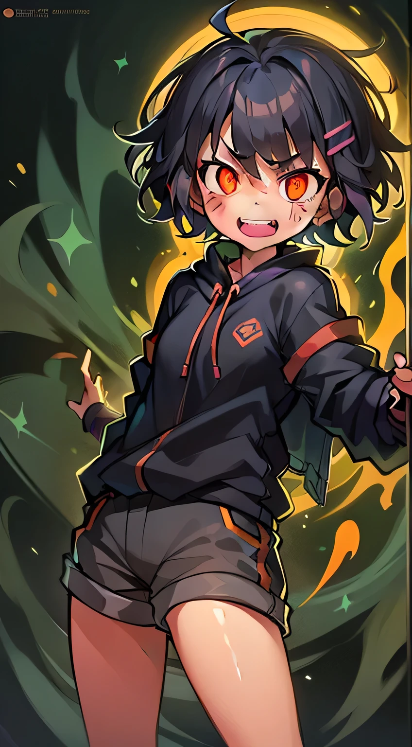 Highest quality, Ultra-detailed illustrations, girl, (Crazy orange eyes:1.2),(Big eyes:1.2), (disheveled short black hair:1.2),(Crazy Smile:1.2) ,(scar:1.2), Combat pose, Perfect body, Loose-fitting clothing, Sharp teeth