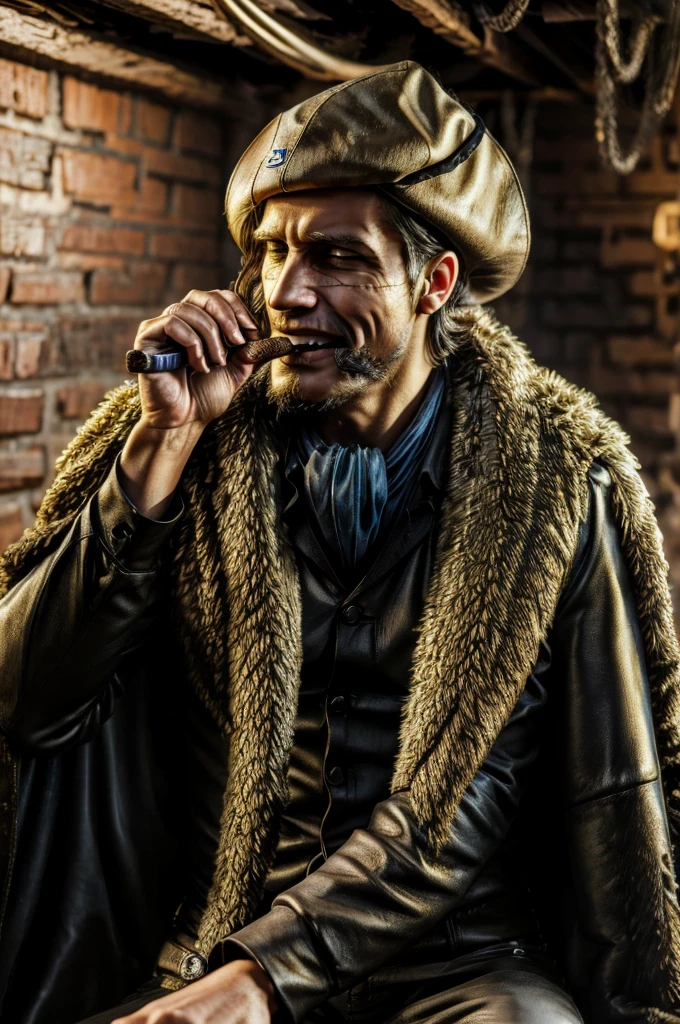 masterpiece, best quality, extremely detailed, hyperrealistic, photorealistic, a cool 40s man, ultra detailed face:1.3, fur-trimmed coat, scarf around the neck, his left hand is a golden pirate hook, smoking, cigar, laughing, detailed underground basement, sitting, dynamic posing:1.1
