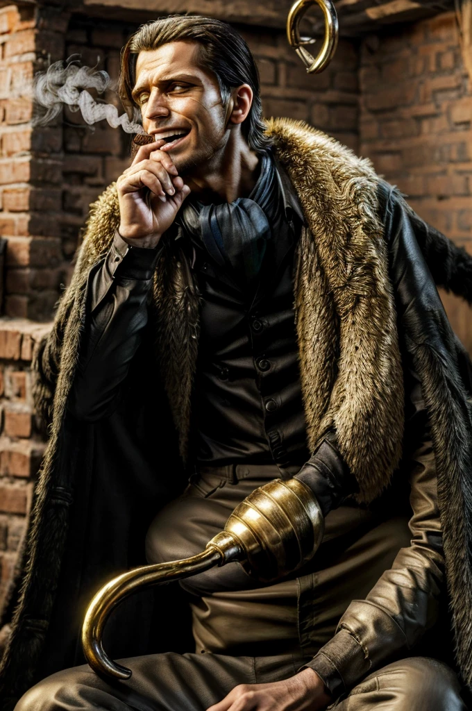 masterpiece, best quality, extremely detailed, hyperrealistic, photorealistic, a cool 40s man, ultra detailed face:1.3, fur-trimmed coat, scarf around the neck, his left hand is a golden pirate hook, smoking, cigar, laughing, detailed underground basement, sitting, dynamic posing:1.1
