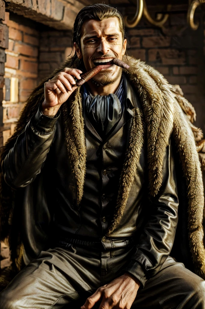 masterpiece, best quality, extremely detailed, hyperrealistic, photorealistic, a cool 40s man, ultra detailed face:1.3, fur-trimmed coat, scarf around the neck, his left hand is a golden pirate hook, smoking, cigar, laughing, detailed underground basement, sitting, dynamic posing:1.1
