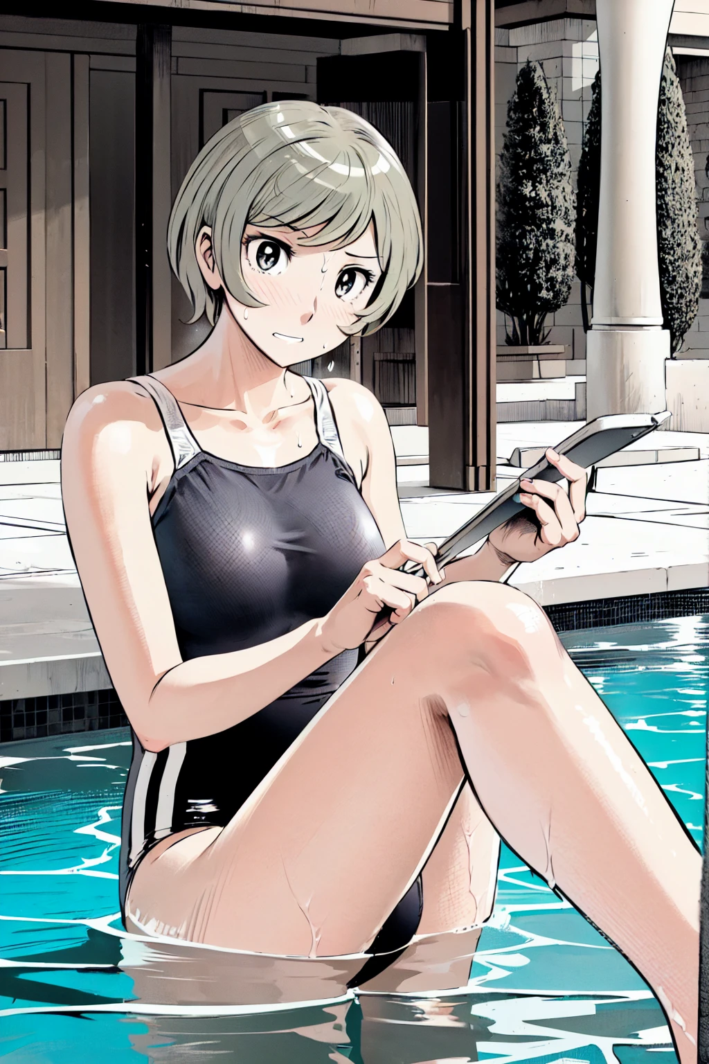 Blue school swimsuit、(masterpiece、Highest quality)、Highest quality, Ultra-high resolution, (((masterpiece))), alone, Sweat、Big eyes, Composition from the front、Shortcuts、Embarrassed face、Blonde、Cut your hair short、School swimming pool、short hair、Pussy Line、Browsing Caution、Butt