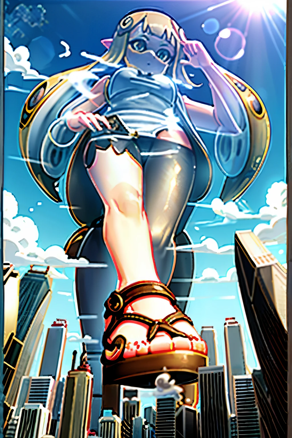 Giant art, highly detailed Giant shot, Giant, Super huge Splatoon girl, Golden Eyes、Short tentacle hair, 超高層ビルよりも大きなGiant女性, Huge boobs, Big Ass, White shorts, White Pantyhose, Sports sandals, very small metropolis, Miniature metropolis, Full body description。GTS, Giant, Small Town,Micro City, masterpiece、Highest quality、High resolution、Real Anime、3d、