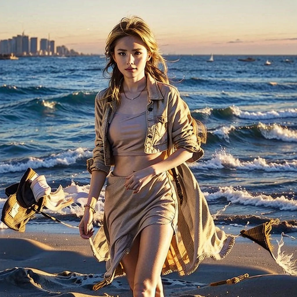 young woman with blonde hair walking on the beach at golden hour super realistic photo