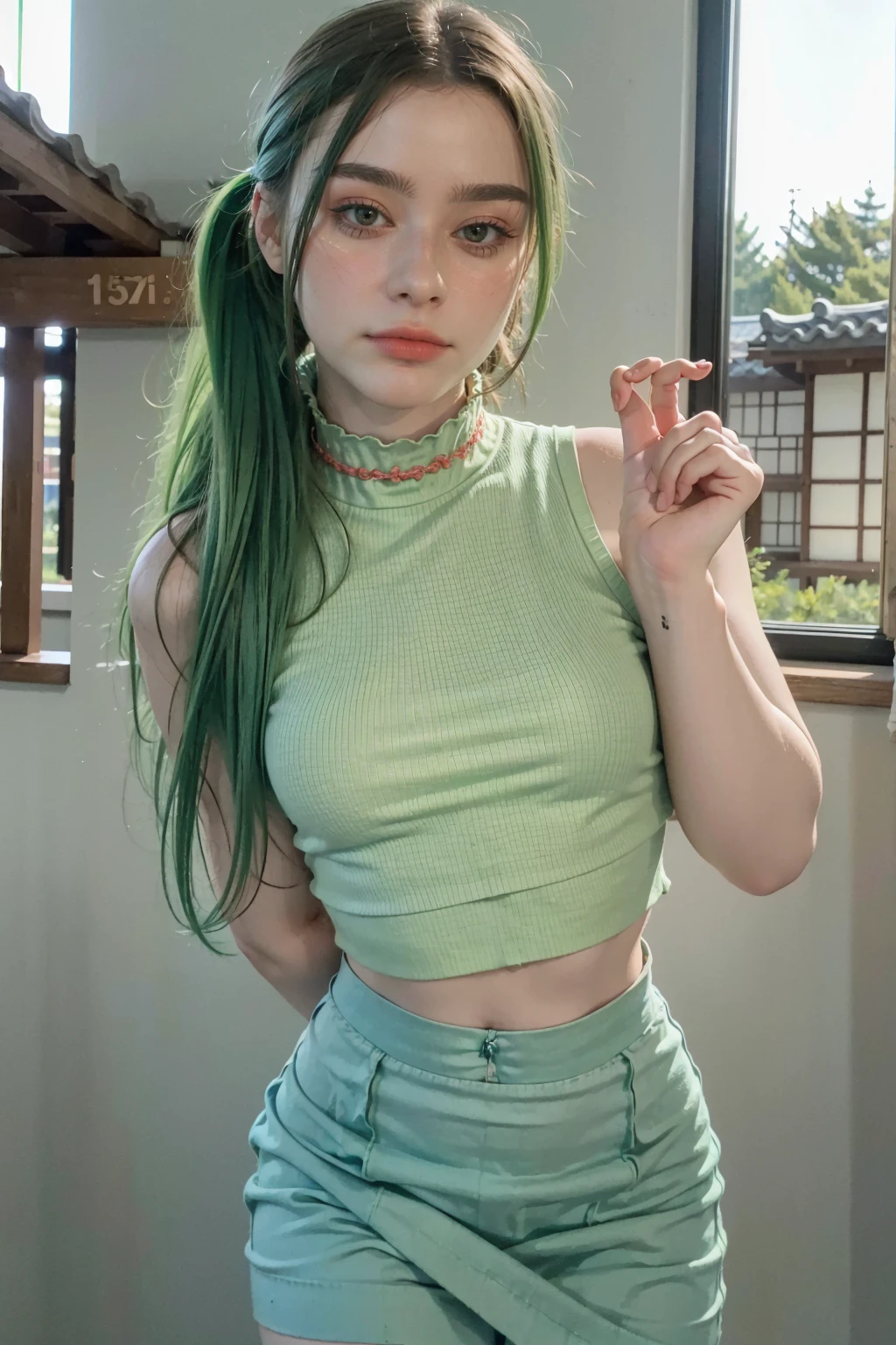 <lora:catgirl2:0.6>, catgirl, cat ears, (masterpiece, best quality), intricate details, (fractal art:1.2), (1girl), realistic, detailed, detailed skin, raw photo, t-shirt, (green hair),