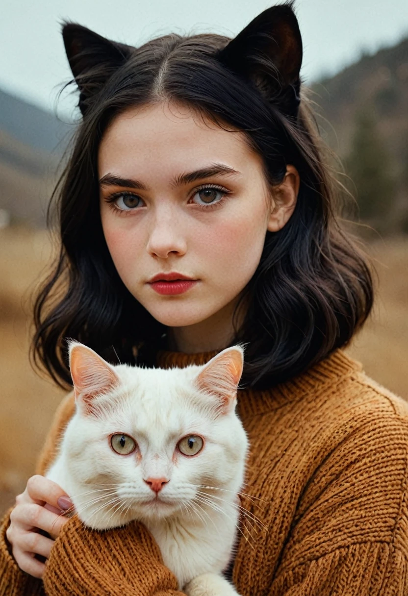 author：Arturo Soto, author：Brad Kunkle 和 wlop，style：daniel merriam, Cute 18 year old woman and her cat, number, Pale skin,Highly detailed face,Black Hair, facial expression,Wear a cozy sweater, 1950s,Dark background,Warm colors, RAW Video,16 mm,Color Grading Portra 400 Film,Extraordinary colors,Surreal,, captured in (Nikon D850)Provocative expression