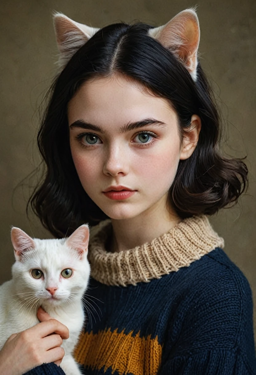 author：Arturo Soto, author：Brad Kunkle 和 wlop，style：daniel merriam, Cute 18 year old woman and her cat, number, Pale skin,Highly detailed face,Black Hair, facial expression,Wear a cozy sweater, 1950s,Dark background,Warm colors, RAW Video,16 mm,Color Grading Portra 400 Film,Extraordinary colors,Surreal,, captured in (Nikon D850)Provocative expression