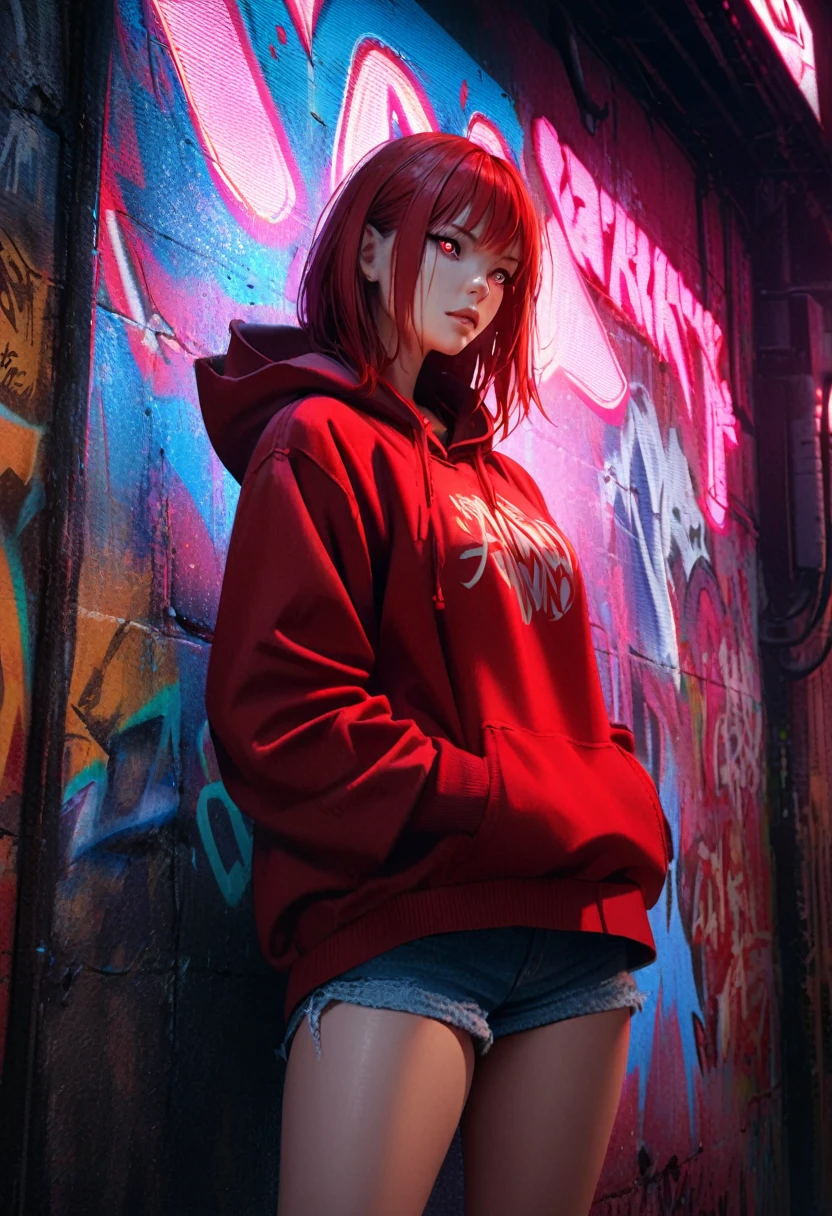 1girl, red hair, red pupils, red hoodie, wearing the hood, jean shorts, dark alley background, japanese graffiti background, red led background, detailed face, high quality, 8k, photorealistic, dramatic lighting, cinematic, neon lights, moody atmosphere, cyberpunk aesthetic, hyper-detailed