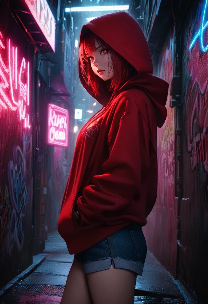 1girl, red hair, red pupils, red hoodie, wearing the hood, jean shorts, dark alley background, japanese graffiti background, red led background, detailed face, high quality, 8k, photorealistic, dramatic lighting, cinematic, neon lights, moody atmosphere, cyberpunk aesthetic, hyper-detailed
