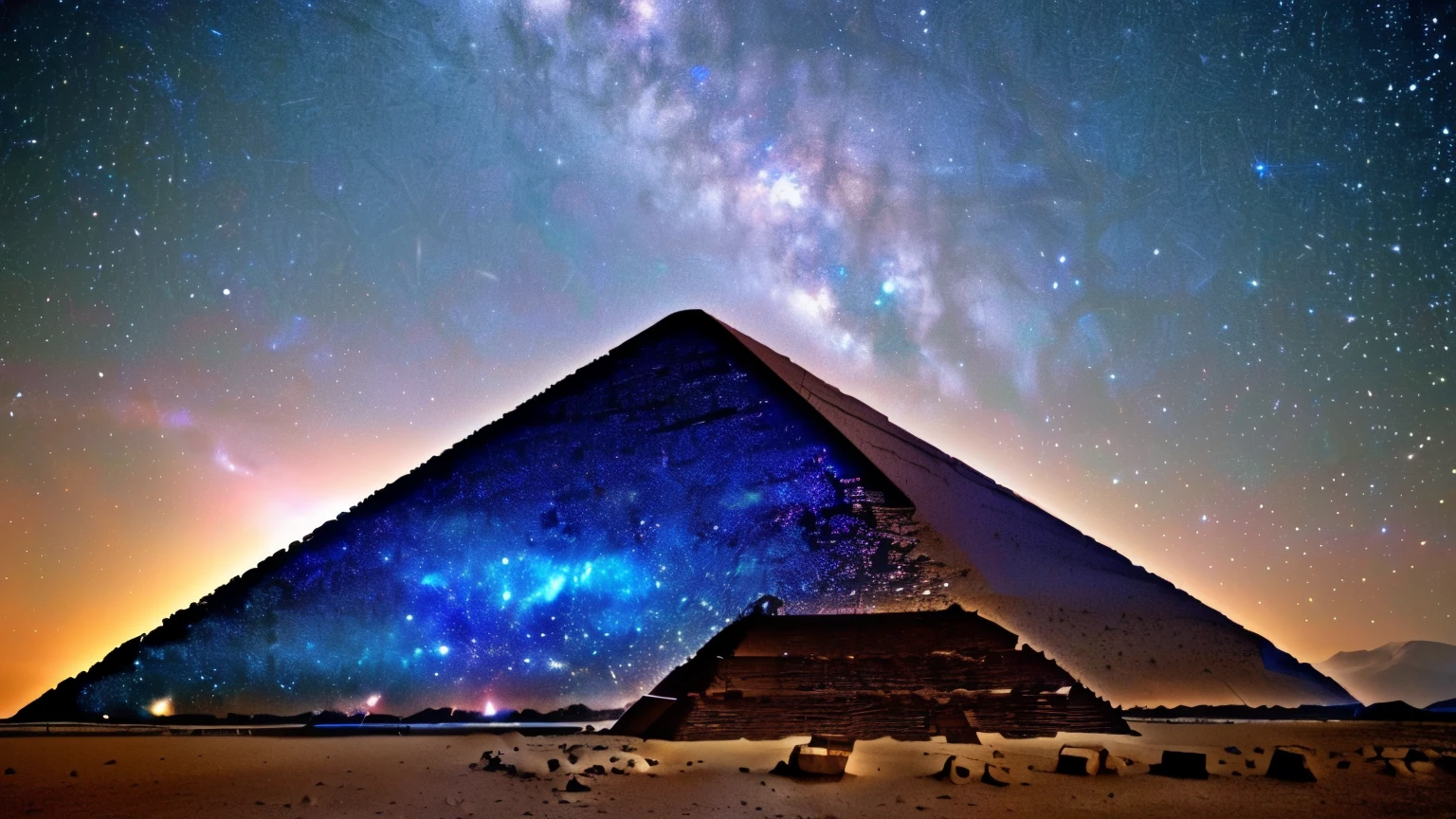 Ancient pyramids floating in infinite space. The pyramid is sparsely dotted with stars.. masterpiece, sharp, Super detailed, 8K,Cyberspace Soldiers, Angular View, 最high quality, dim, (Detailed Background:1.2),(Characters with attention to detail:1.2), Digital SLR, Soft lighting, high quality, Film Grain, Fujifilm XT3, Exquisite detail,