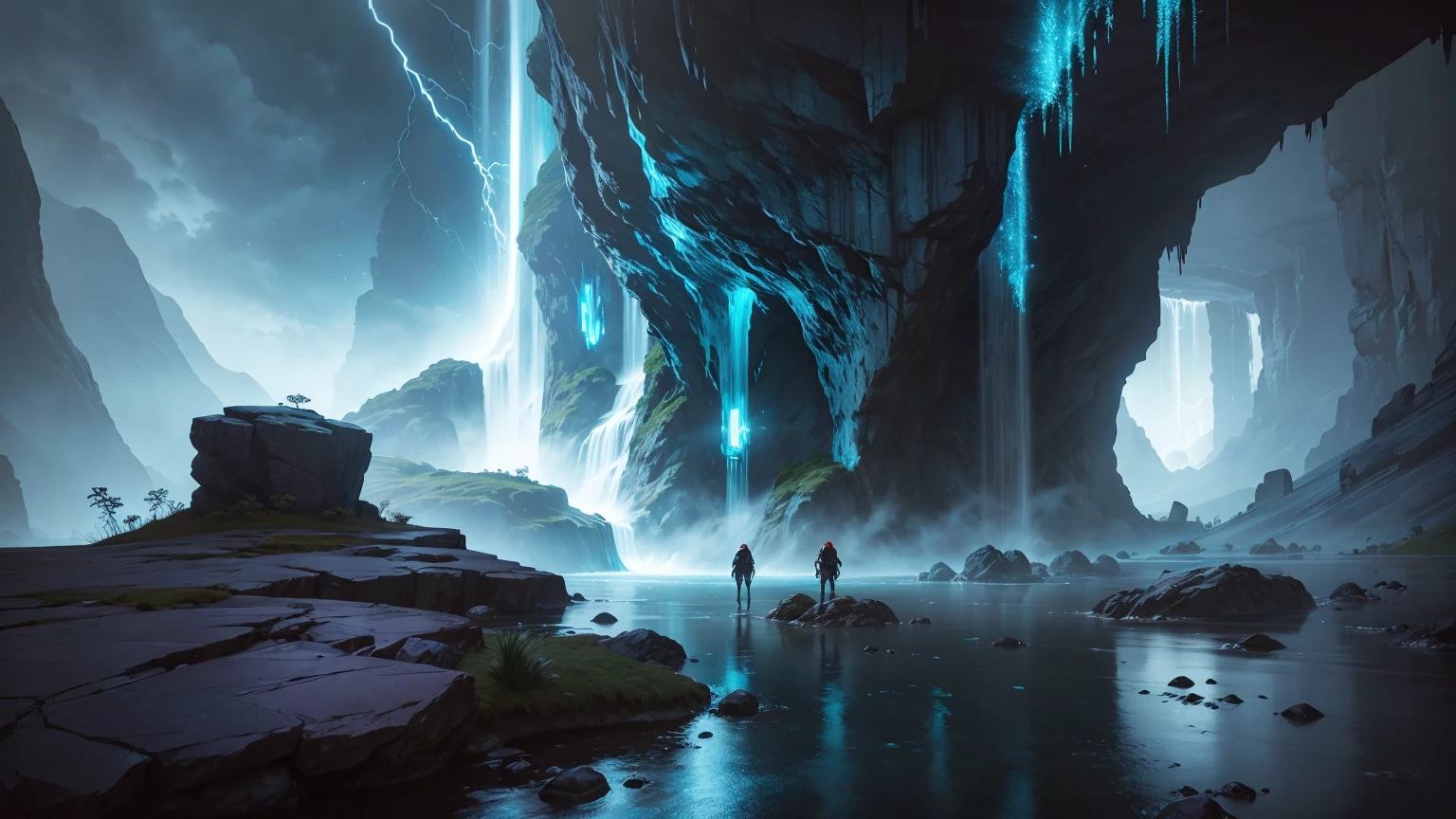 There is a cave with a waterfall in it, the waterfall lights up at night, there are lightning at night, concept art rendered in unreal engine, concept art amazing atmosphere, jessica rosier fantasy art, concept art 8k resolution, concept art 8k resolution, concept art 8K, beautiful concept art, unreal engine fantasy art, andreas rocha style, relaxing concept art, 4k resolution concept art